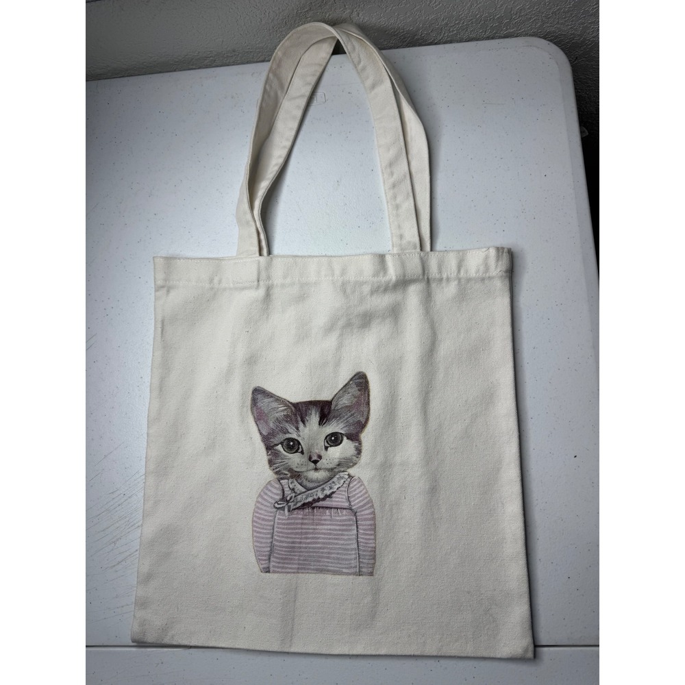 Unbranded‎ Cat Kitten in Sweater Canvas Tote Bag Cream Whimsical Cottagecore